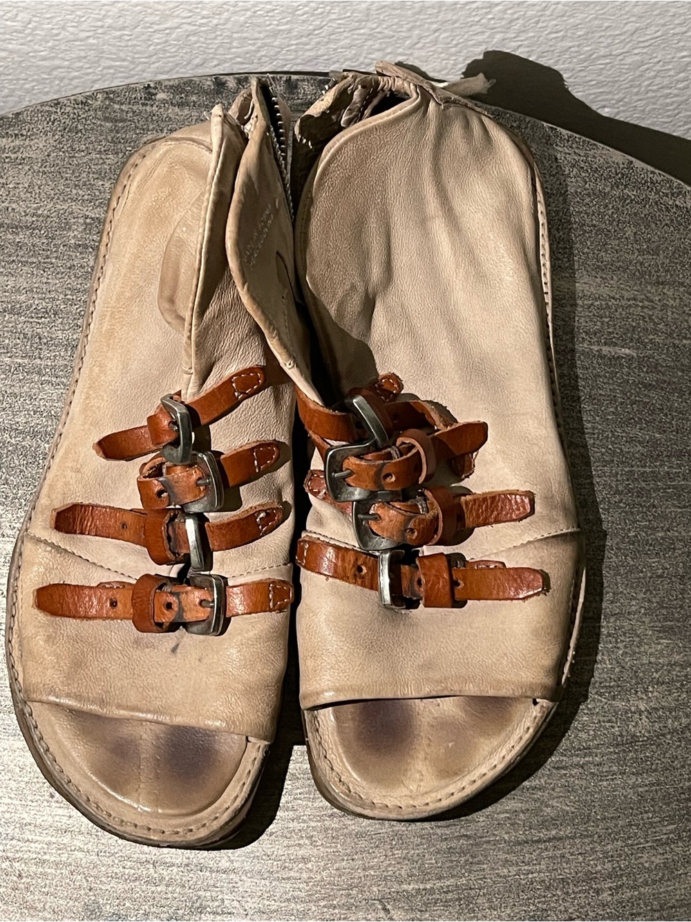 A.S.98 Beige Leather Sandals with Brown Straps